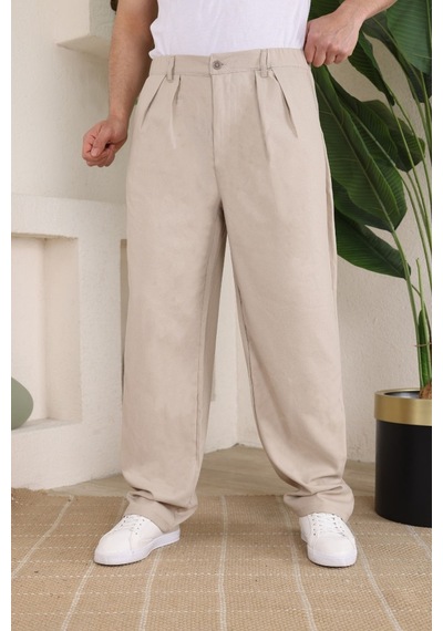 Etiler Collection Erkek Beli Lastikli Pileli Baggy Pantolon Bej