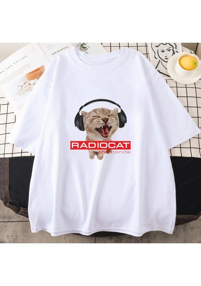 Startmore Beyaz Radiohead Kedi Karikatür Baskılı Sevimli Grafik Lar İçin Yumuşak Beyaz