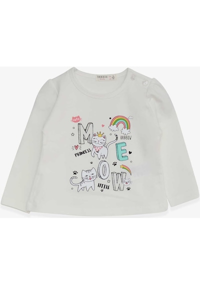 Breeze Kız Bebek Uzun Kollu Tişört Kedicik Baskılı 9 Ay-3 Yaş, Ekru-ekru Ekru