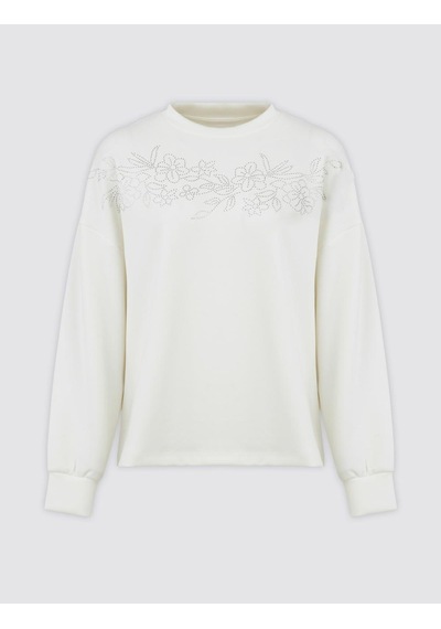 Jimmy Key Beyaz Bisiklet Yaka Uzun Kollu Çiçek Desenli Örme Sweatshirt 5sw232779100