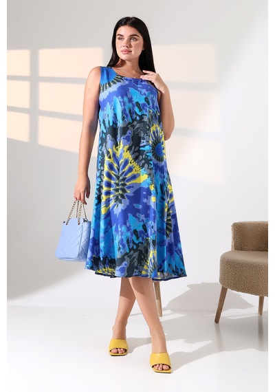 Likapa Yazlık Askılı Viskon Elbise 2691 Mavi Sarı Batik