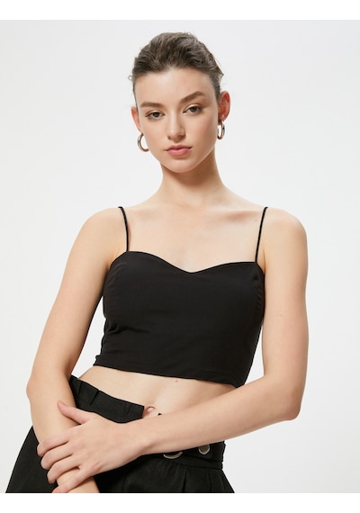 Koton Askılı Crop Üst Kalp Yaka Pamuklu Slim Fit Siyah 4sak30009ew Siyah