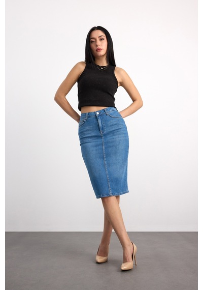 50286 73604 Kadın Regular Fıt Mıdı Denim Etek 50286-73604 Açık Mavi