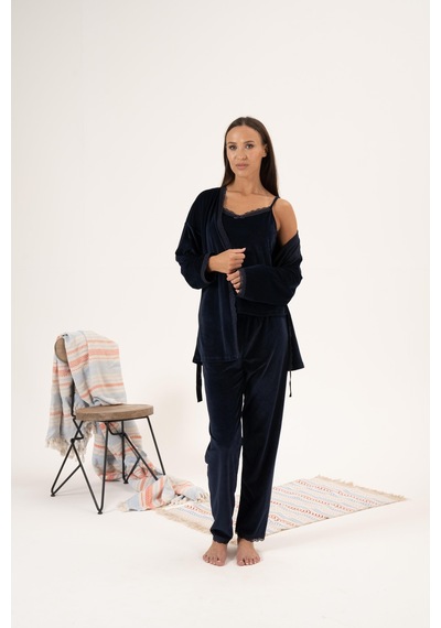 Estiva Kadın Kışlık 3 Parça Sabahlıklı Kadife Pijama Takımı 001
