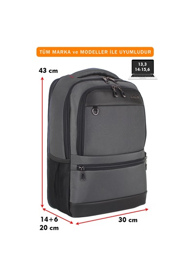 14"-15,6" İnç Körüklü Gri Laptop Sırt Çantası Unisex Su Geçirmez Kumaş Gri