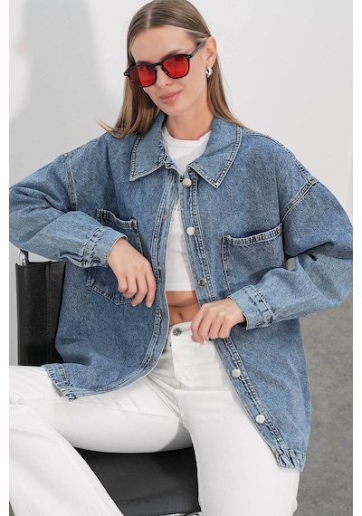 Bigdart Çift Cepli Oversize Denim Buz Mavisi Kadın Ceket 694