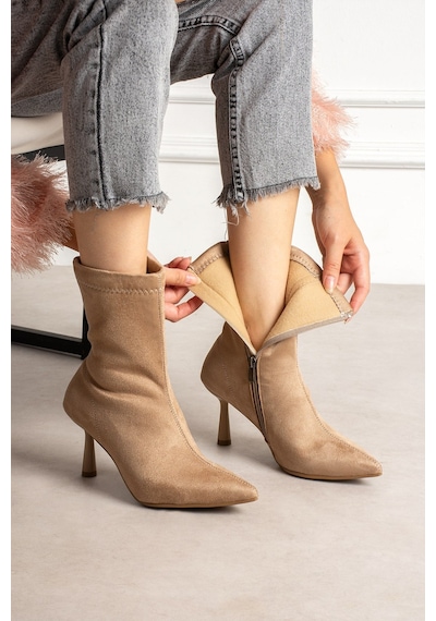 Dabab Shoes Marya Kadın Vizon Streç Lüks Süet Sivri Burun Sıcak Astarlı Fermuarlı 7 Cm İnce Topuklu Bot Bootie