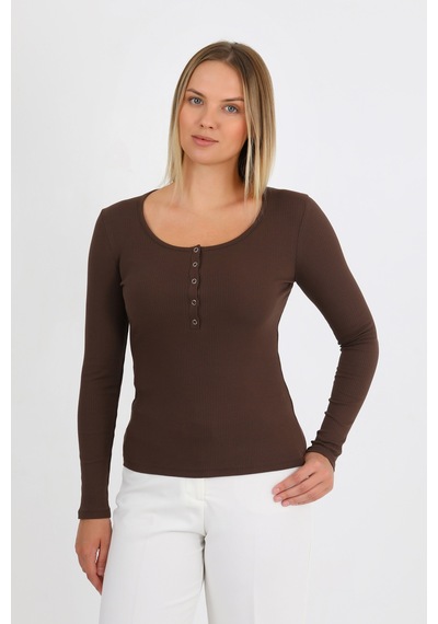Hdm Kadın Kahverengi Uzun Kollu Fitilli Patlı Çıtçıtlı Basic Örme Bluz - H6172