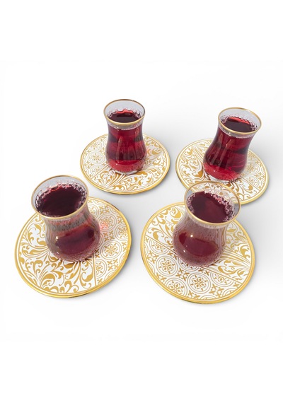 Sudedi Home Gold Yaldızlı Çay Bardağı Seti 4 Kişilik Porselen Tabaklı Hediyeli Çok Renkli