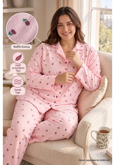 Seboteks Waffle Kumaş Önden Düğmeli Uzun Kollu Büyük Beden Kadın Pijama Takımı 3596 Pembe