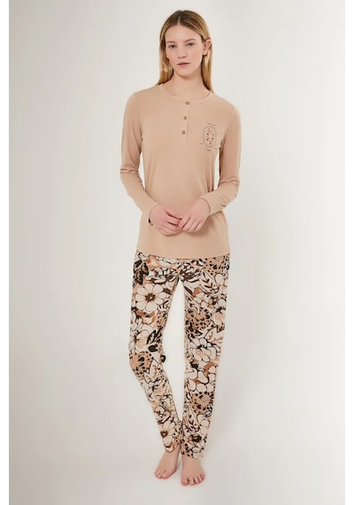Arnetta 2642 Uzun Kol Kadın Pijama Takımı Bej V1 Bej