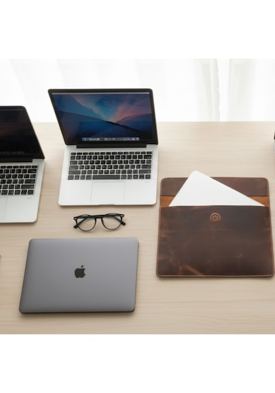 Vintage Hakiki Deri Laptop Çantası 14 İnç Uyumlu El Yapımı Macbook Kılıfı Açık Kahve