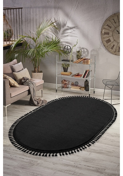 Vl Comfort Puffy Ponpon Saçak Peluş Yıkanabilir Siyah Yolluk Oval Ponpon Saçak
