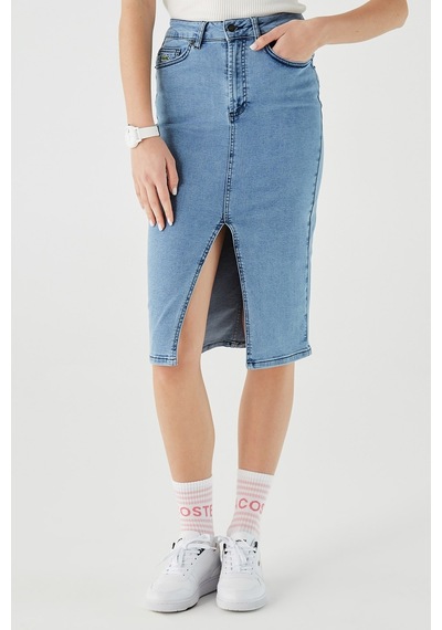 Lacoste Slim Fit Womens Skirt Dar Kesim Yırtmaçlı Kadın Kot Etek Mavi