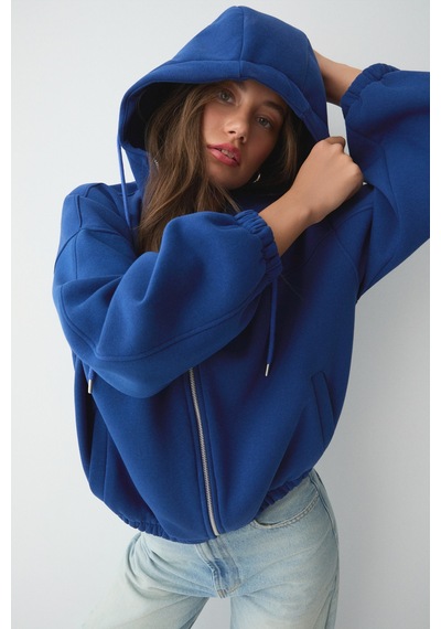 ETHIQUET VA IT Kadın Çift Cepli Eteği Ve Kol Ucu astikli Fermuarlı Oversize Saks Mavi Sweatshirt