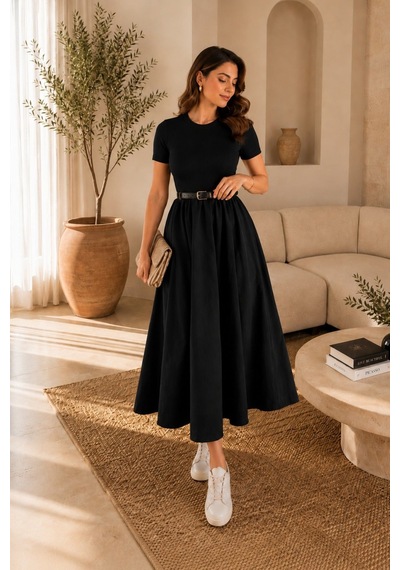 Unika Boutique Kadın Kemerli Poplin Midi Elbise Siyah
