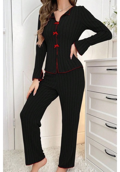 Fantezia Night Kadın Siyah Kırmızı Biyeli Ve Fiyonklu Uzun Kollu Mevsimlik Pijama Takımı