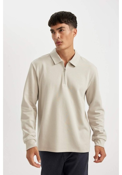 DeFacto Regular Fit Polo Yaka Yarım Fermuarlı Basic Düz Sweatshirt D2279AX24AUGR425 Gri