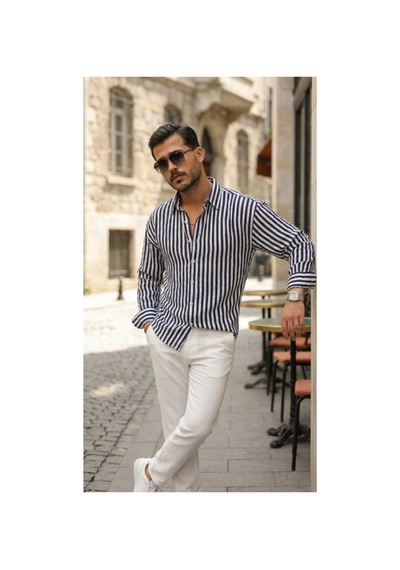 Butik İstanbul Erkek Dikey Çizgili Yarım Oversize Gömlek Lacivert