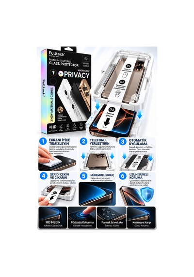 Fulltech Premium İphone 18 Pro Uyumlu Hayalet Kırılmaz Cam Ekran Koruyucu Privacy Gizlilik Filtreli, 9h Temperli Cam-15043