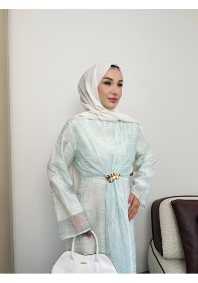 Mihran Butik Silk Model Kemerli Bilek Büzgü Desen Detaylı Kadın Elbise Mint