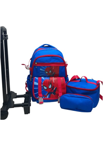 2 Kademeli Çekçekli Tekerlekli Karekter Desenli Erkek Mavi 3 Lü Set Takım İlkokul Sırt Çantası 40 27 17cm