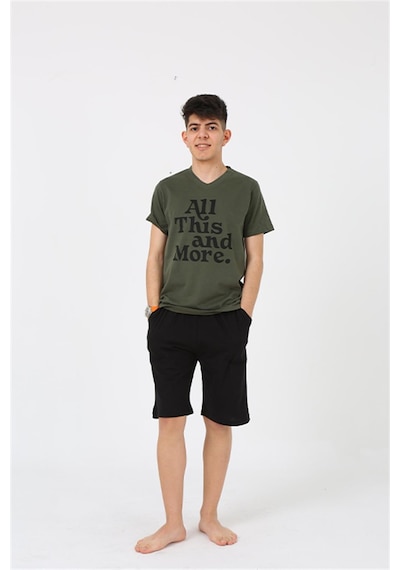 Akbeniz Erkek Genç Garson Boy Kısa Kol Haki Penye Şortlu Pijama Takımı 20377