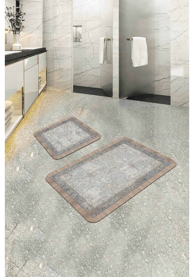 Bej Modern Klasik Banyo Halısı Klozet 2'li Paspas Seti Bs285