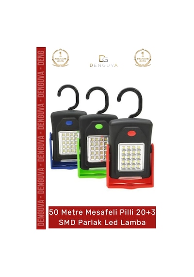 Ledlamba 20 Smd Beyaz Işık 50 Metre Menzil Askılı Pilli Kamp Avcı El Feneri Sert Plastik Parlak Led