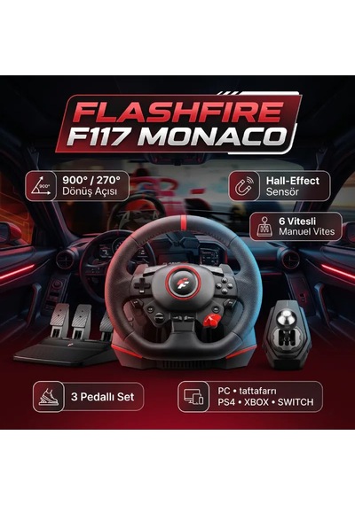 Flashfire F117 Monaco 900 / 270 Titreşimli Yarış Direksiyon Seti Hall-effect Sensör, 6 İleri Manuel Vites, 3 Pedallı Pc / Ps4 / Ps3 / Xbox Series X S / Switch Uyumlu Flashfire F117 Monaco 900 / 270 Titreşimli Yarış Direksiyon Seti Hall-effect Sensör, 6 İleri Manuel Vites, 3 Pedallı Pc / Ps4 / Ps3 / Xbox Series X S / Switch Uyumlu