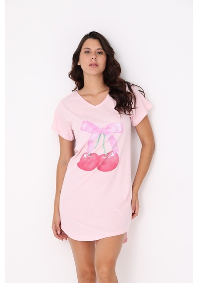 Yasar Underwear Kiraz Baskılı %100 Pamuk Gecelik Pembe Pembe