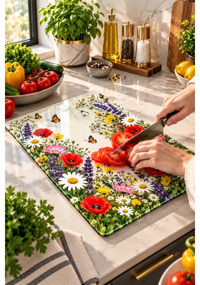 Gökçeoğlu Cam Kesme Tahtası Çiçek Bahçesi Temalı - Cam Kesme Tablası 30cm X 40cm Çok Renkli