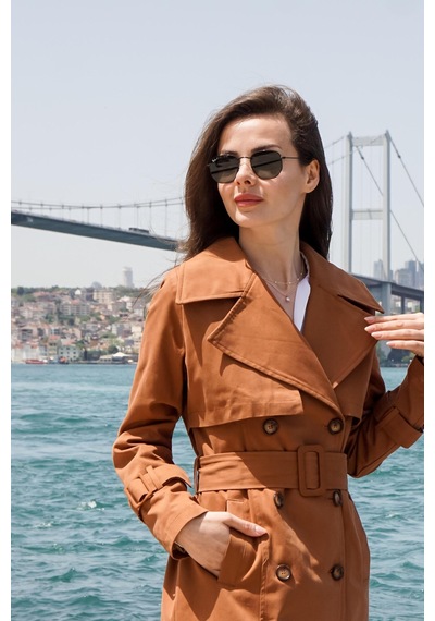 Pastelastore %100 Pamuk Gabardin Midi 95cm Astarlı Kemerli Kadın Trençkot 1113 Taba