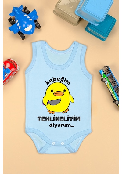 Bebe Tospik Pamuklu Tehlikeliyim Diyorum Baskılı Çıtçıt Body Zıbın Mavı Açık Mavi