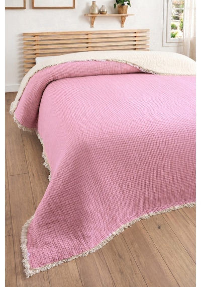 5 Katlı Dolgulu Müslin Yorgan 240x260 Cm- Battal Boy Yatak Örtüsü-pembe Pembe