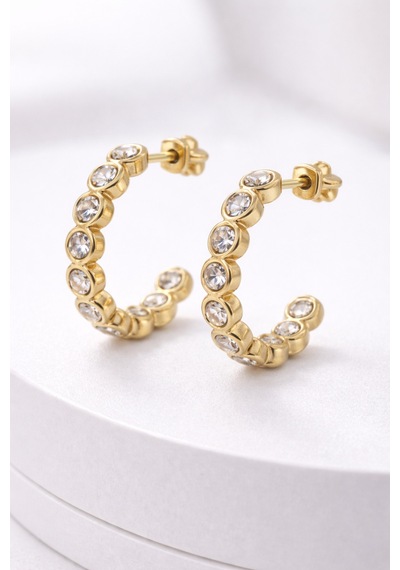 Zauriel Gold Kristal Taşlı Yarım Halka Altın Renkli Bijuteri Küpe
