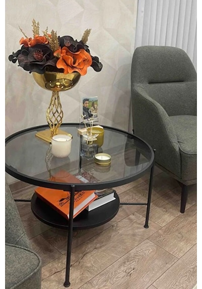 Nordic Orta Sehpa Temperli Cam 75 Cm Demonte Çizilmez Kırılmaz Metal Çerçeve Raflı Minimalist Sehpa - Siyah Siyah