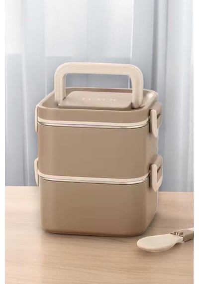 Digithome Bento 2 Katlı Taşınabilir Paslanmaz Çelik Yemek Kabı Termosu Lunch Box Kare Haki 1400ml