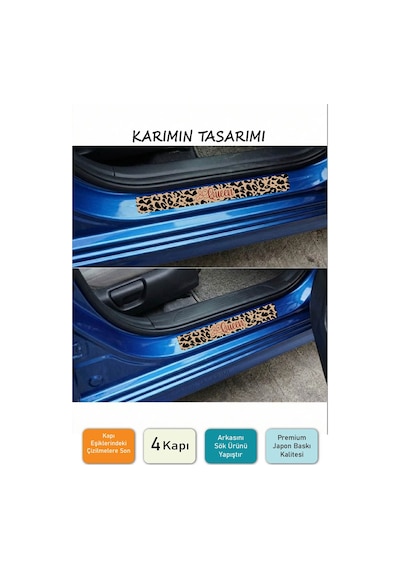 Queen Yazılı Leopar Desenli Karbon Kapı Eşiği Koruyucu Seti 4 Kapı Kadınlara Özel Premium Sticker