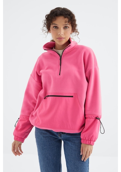Tommy Life Şeker Pembe Etek Ucu Büzgülü Yarım Fermuarlı Oversize Kadın Polar Sweatshirt - 97238 Şeker Pembe