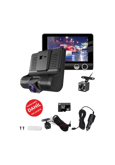 3 Kameralı Araç İç Ön Ve Arka Yol Video Kaydedici Sürüş Güvenliği Kamerası G-sensor 4inç Büyük Ekran