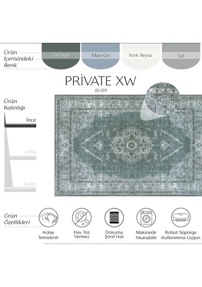 Cool Halı Private Xw Yeşil Gri Eskitme Vintage Yıkanabilir Kaymaz İnce Şönil Soft Şık Salon Halısı Gri Yeşil