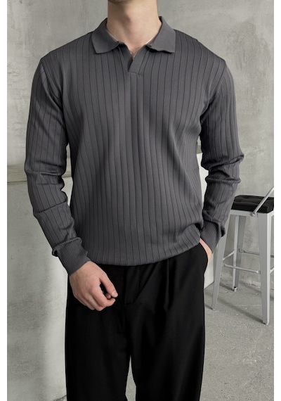 Erkek Polo Yaka Fitilli Oversize Triko Kazak Antrasit