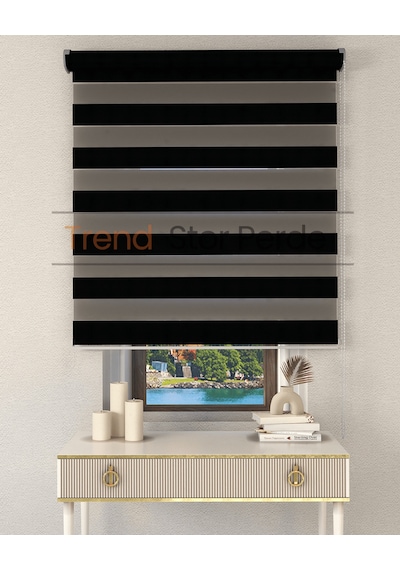 Siyah Bambu Etek Dilimsiz Zebra Stor Güneşlik Perde Siyah