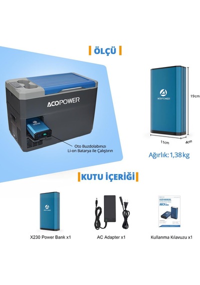 Acopoer X230 14.8Volt 13Amper Li-ion Yedek Buzdolabı Aküsü + Powerbank + LED Lamba