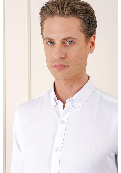 Efor Slim Fit Düğmeli Yaka Dokulu Pamuklu Klasik Beyaz Gömlek Gk 717 Beyaz
