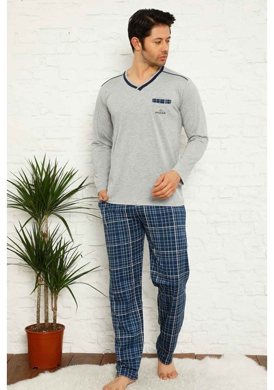 Farya Home Dreamy Ekoseli Kısa Kollu V Yaka Cepli Erkek Pijama Takımı Gri Lacivert Gri - Lacivert