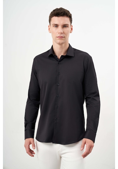 Morven Erkek Siyah Basic Düz Desen İtalyan Yaka Slim Fit Gömlek 25mc004001001 Siyah