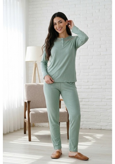 Mataş Kadın Dantelli Bambu Viskon Uzun Kollu Mevsimlik Soft Örme Yumuşak Pijama Takımı Yeşil