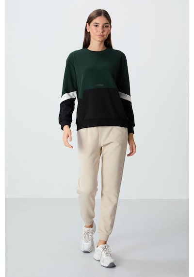 Tommy Life Çam Yeşili Kompakt Pamuklu Kalın Pürüzsüz Dokulu O Yaka Oversize Fit Kadın Sweatshirt - 97289 Yeşil